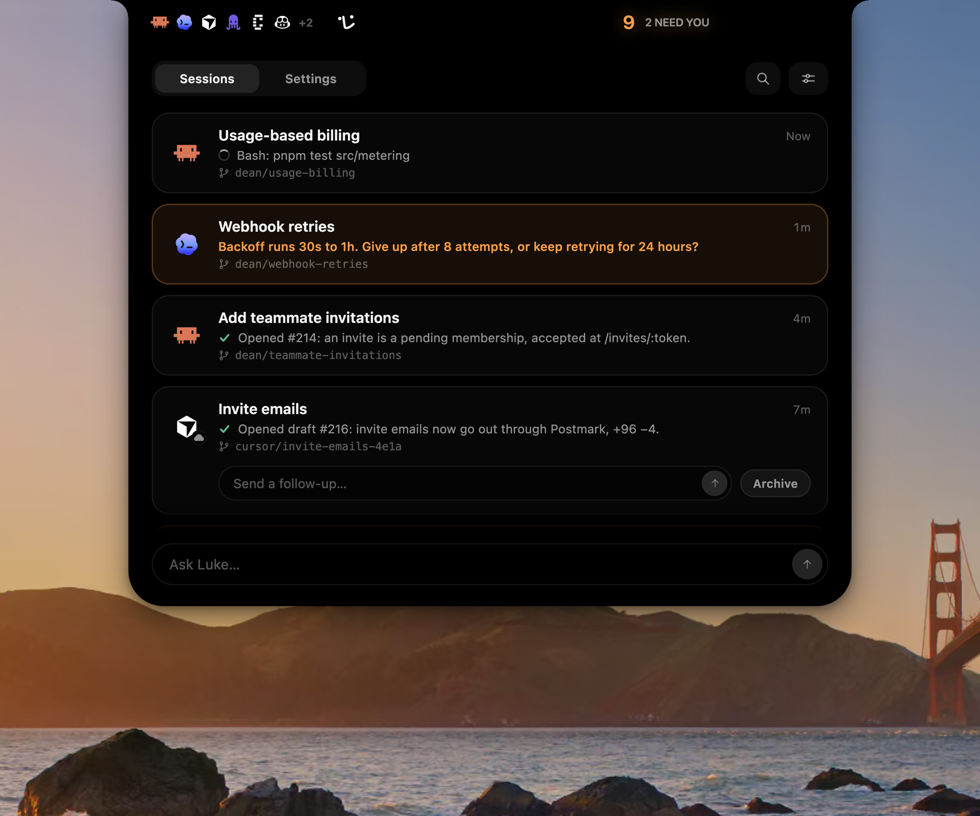 The panel hanging from the top of the screen, listing acme's agent sessions across Claude Code, Codex, Cursor, and more, two needing you, beside the Ask Luke composer.